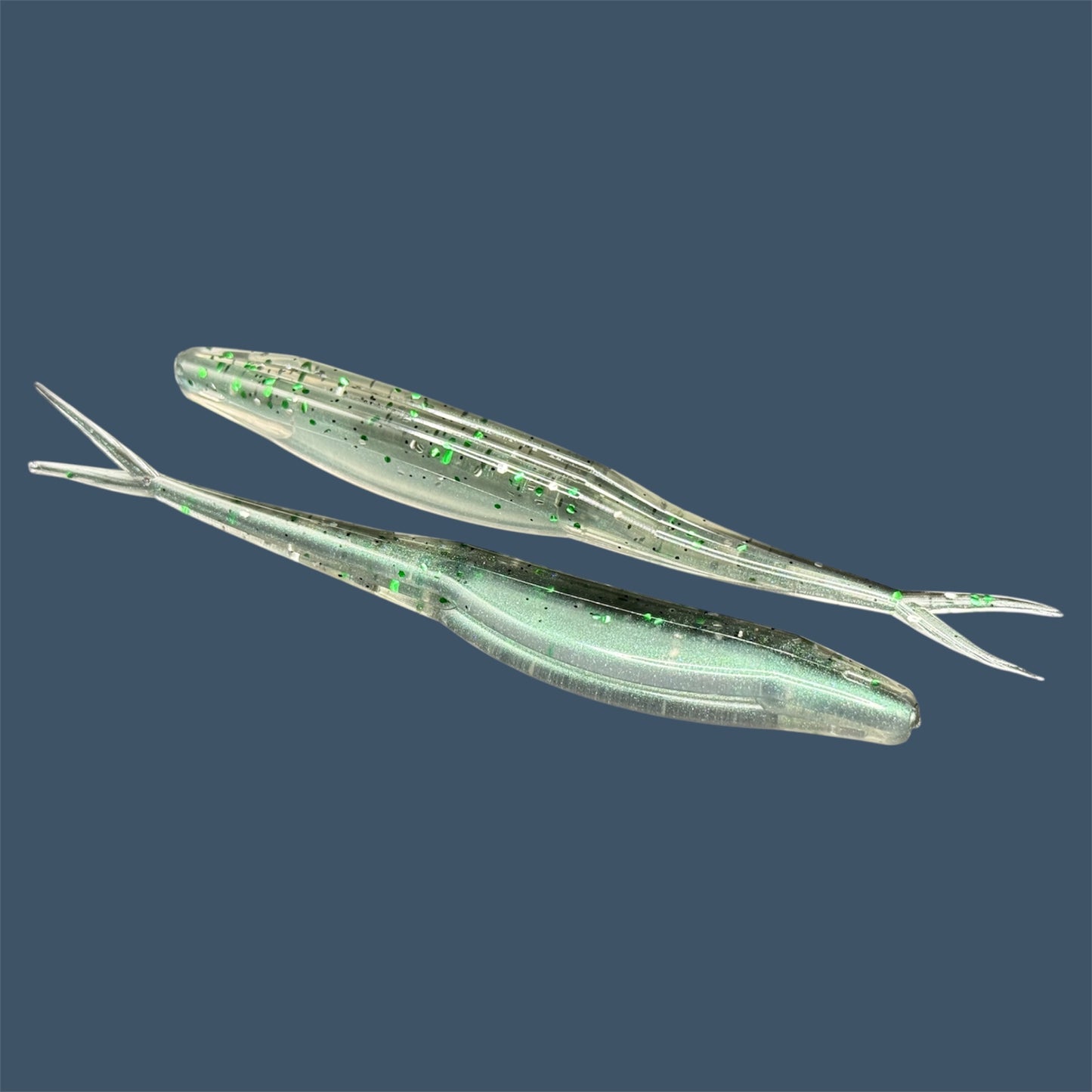Split Tail Shad soft plastic Fluke style bait with realistic shad appearance, featuring a slotted belly for weedless rigging. Jerkbait in Bad Bass a proven fish-catching color