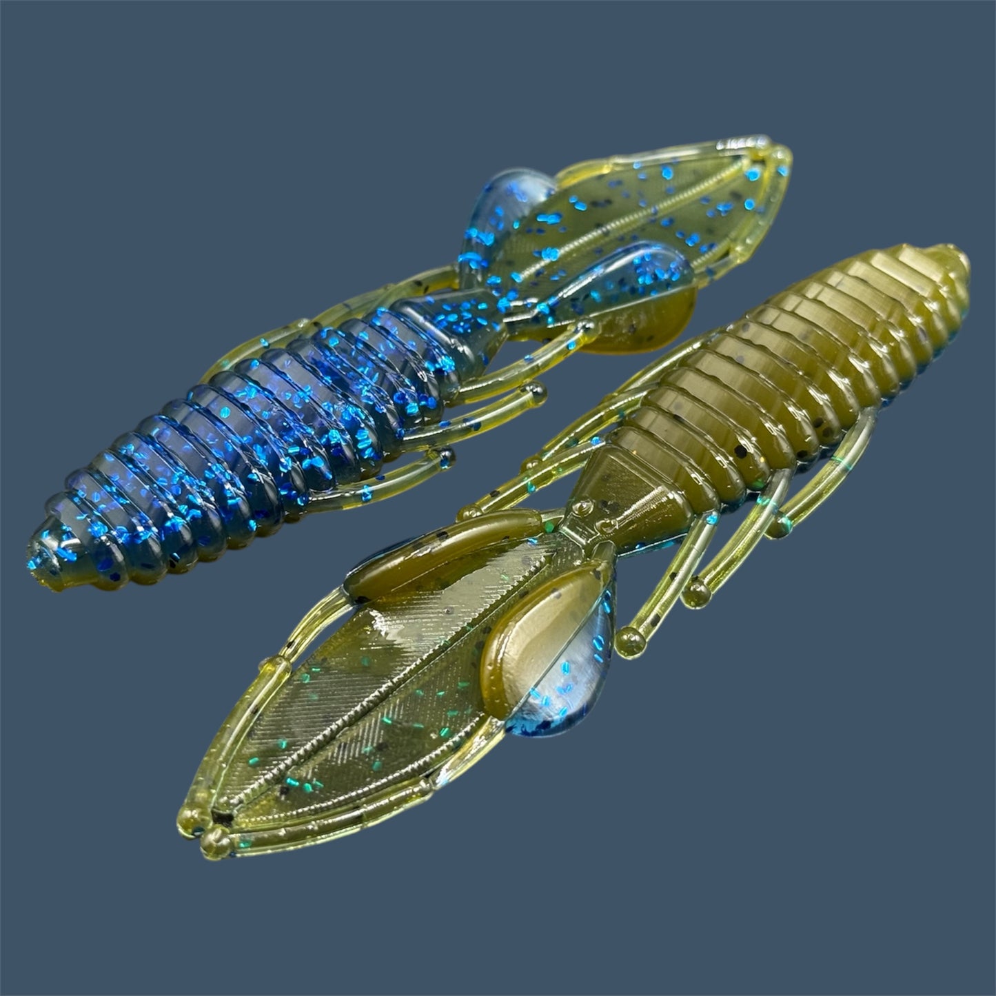 Bed Wrecker soft plastic bait with dynamic beaver-style tail, featuring a peel-apart tail and versatile appendages, Beaver style baits available in Big "O" (Green Pumpkin and Blue Flake)