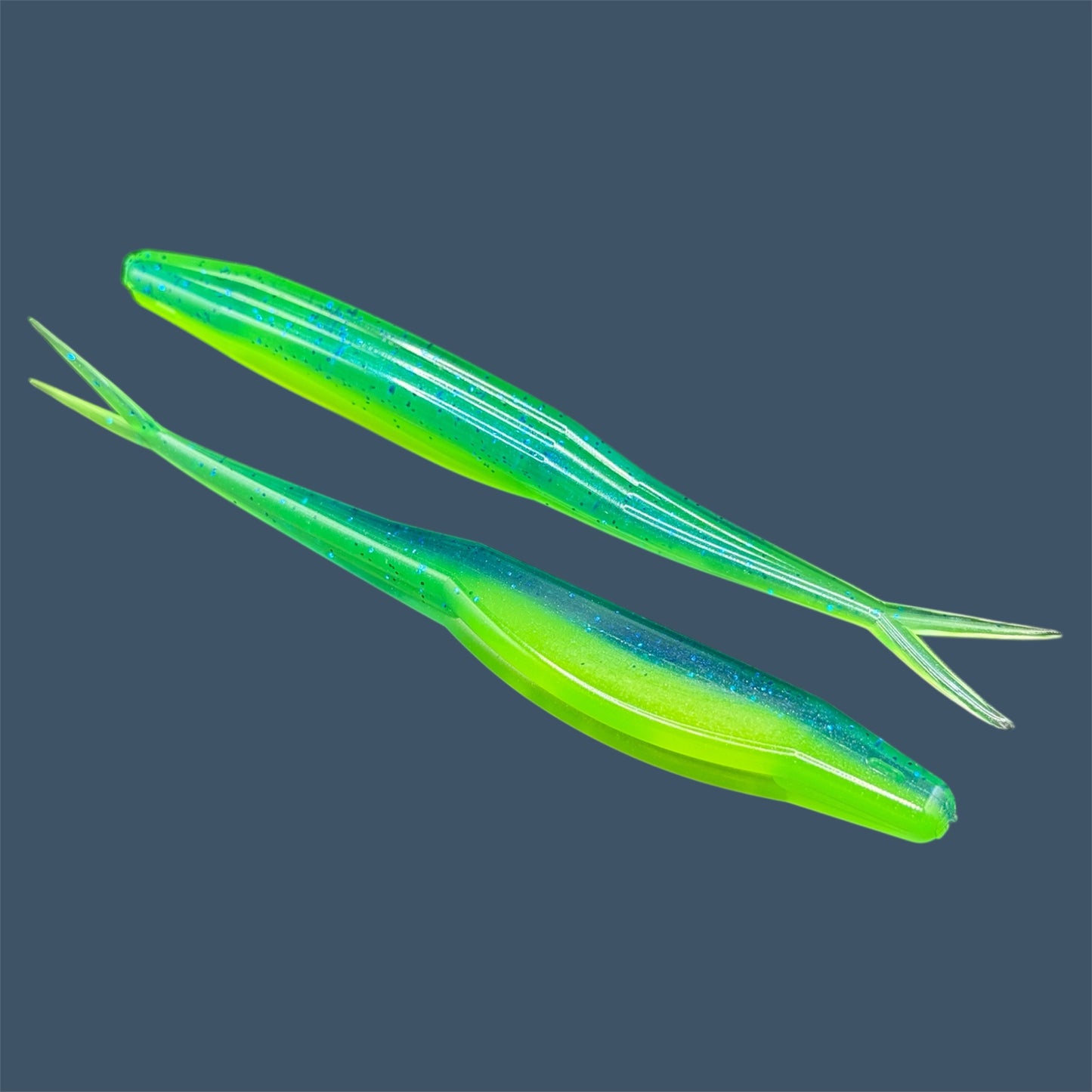 Split Tail Shad soft plastic Fluke style bait with realistic shad appearance, featuring a slotted belly for weedless rigging. Jerkbait in Blue Chartreuse (Dark Blue and Chartreuse) a proven fish-catching color