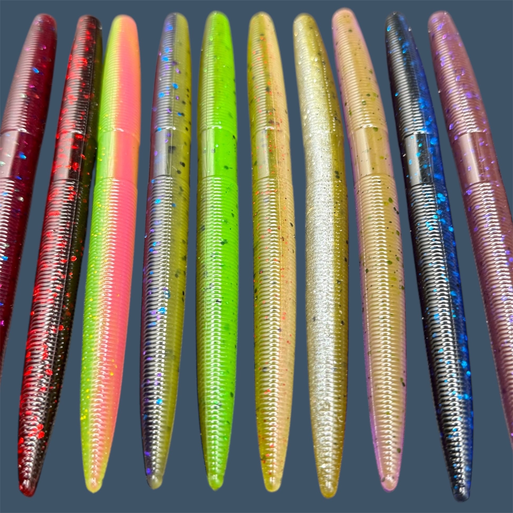 Boomstick is a senko-style stickbait for flipping, skipping, and casting, displayed in a variety of colors for different fishing conditions in freshwater fishing. Great addition to any anglers tackle box