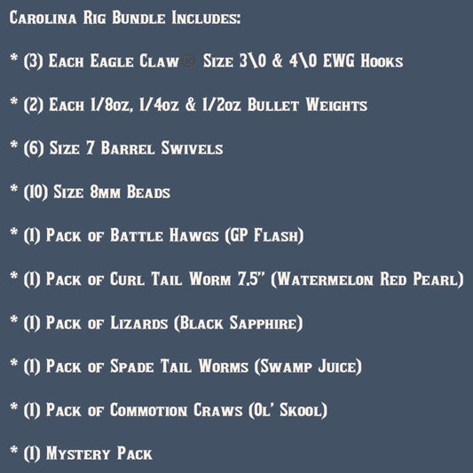 Image describing the items that are included in the offer.
Items included are:
(3) Each Eagle Claw®️ Size 3\0; 4\O EWG Hooks
(2) Each 1/8oz, 1/4oz; 1/2oz Bullet Weights
(6) Size 7 Barrel Swivels
(10) Size 8mm Beads
(1) Pack of Battle Hawgs (GP Flash)
(1) Pack of Curl Tail Worm 7.5" (Watermelon Red Pearl)
(1) Pack of Lizards (Black Sapphire - Black and Blue)
(1) Pack of Lizards (Swamp Juice - Green Pumpkin and Purple)
(1) Pack of Commotion Craws (Ol' Skool - Green Pumpkin and Pumpkin Seed)
(1) Mystery Pack
