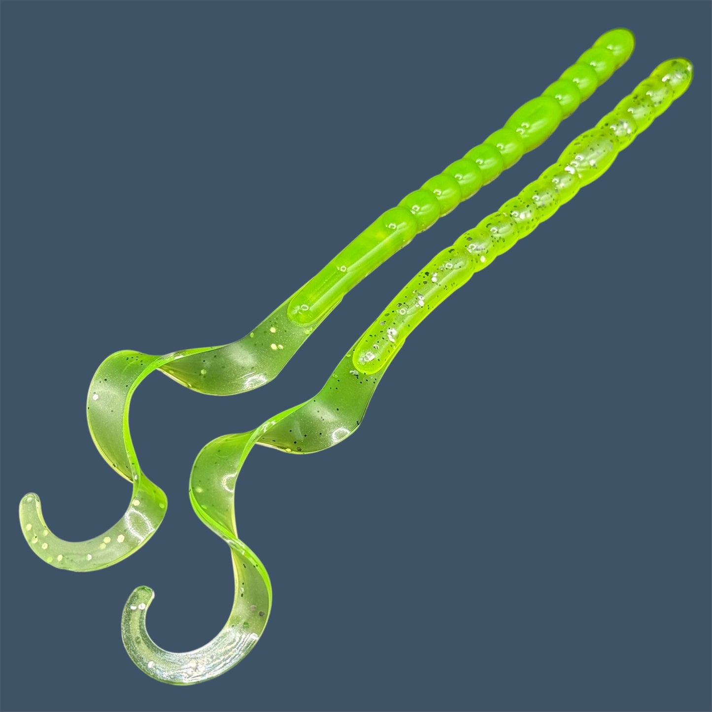 Large curly/ribbon tail worm 10" with a realistic curl tail, ideal for Texas and Carolina rigging. 10" Curl Tail Worm shown in Chartreuse Shad