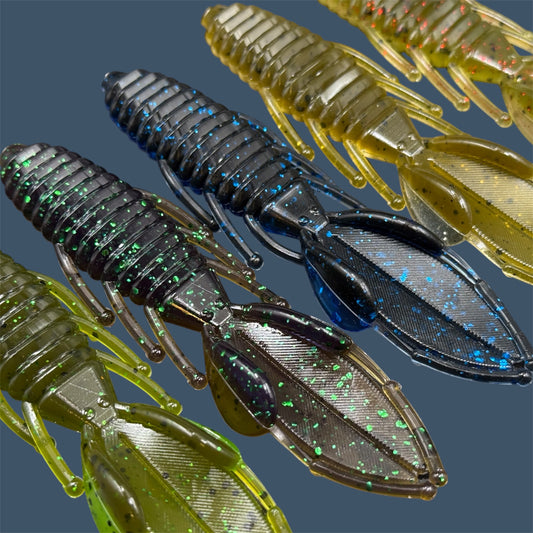 Bed Wrecker soft plastic bait with dynamic beaver-style tail, featuring a peel-apart tail and versatile appendages, available in proven colors