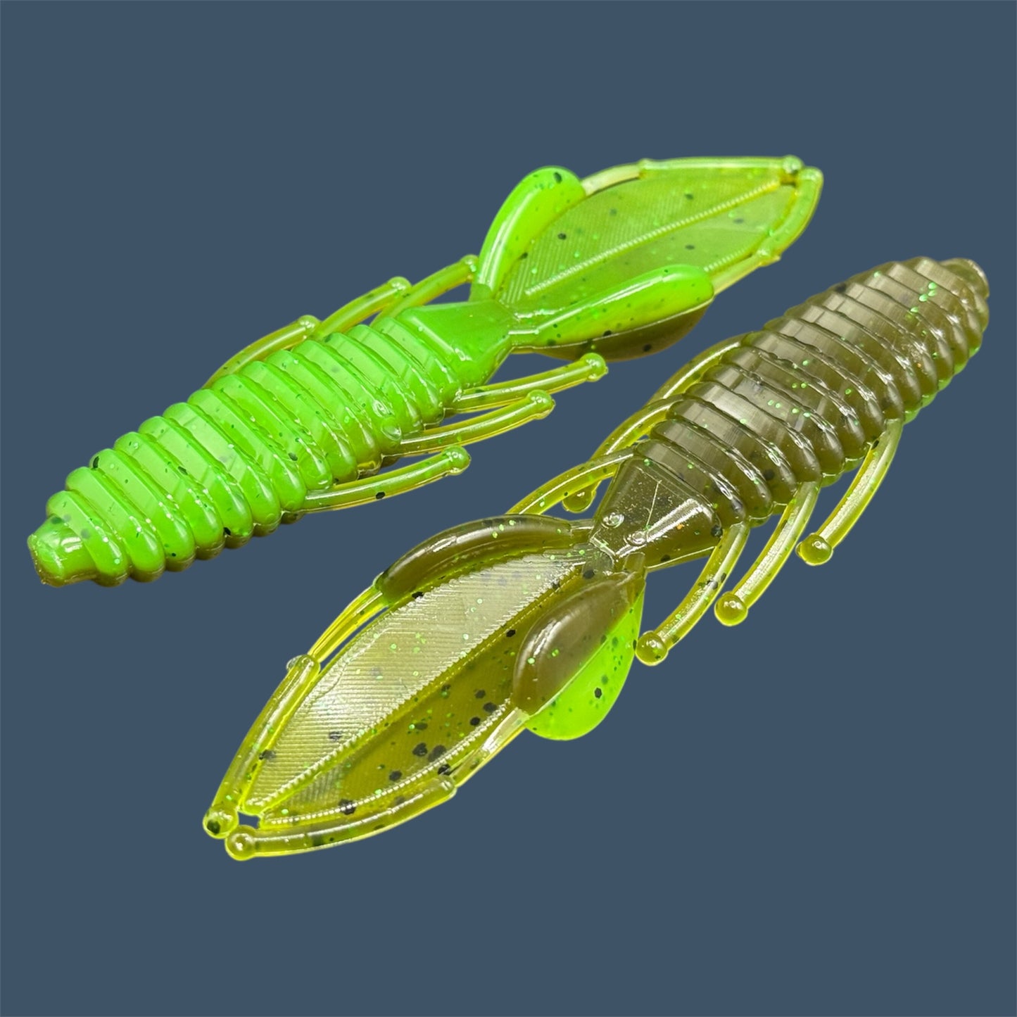 Bed Wrecker soft plastic bait with dynamic beaver-style tail, featuring a peel-apart tail and versatile appendages, Beaver style baits available in Envy (Green Pumpkin over Green)