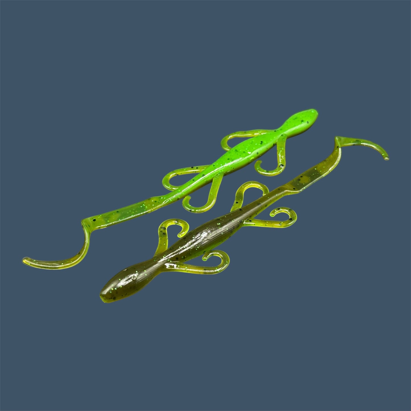 Lizard creature bait with sleek body, free-flowing appendages, and curl tail, ideal for Texas and Carolina rigs, shown in Envy (Green Pumpkin over Green) a proven fish-catching color