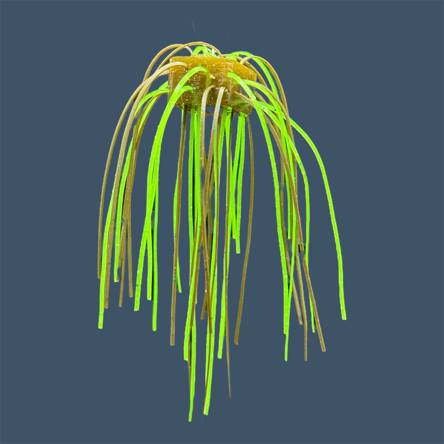 Skirted Cube Fuzzy Dice-style soft plastic bass lure, threaded with lifelike skirt material, perfect for drop shot and wacky rig finesse fishing.Shown in Envy