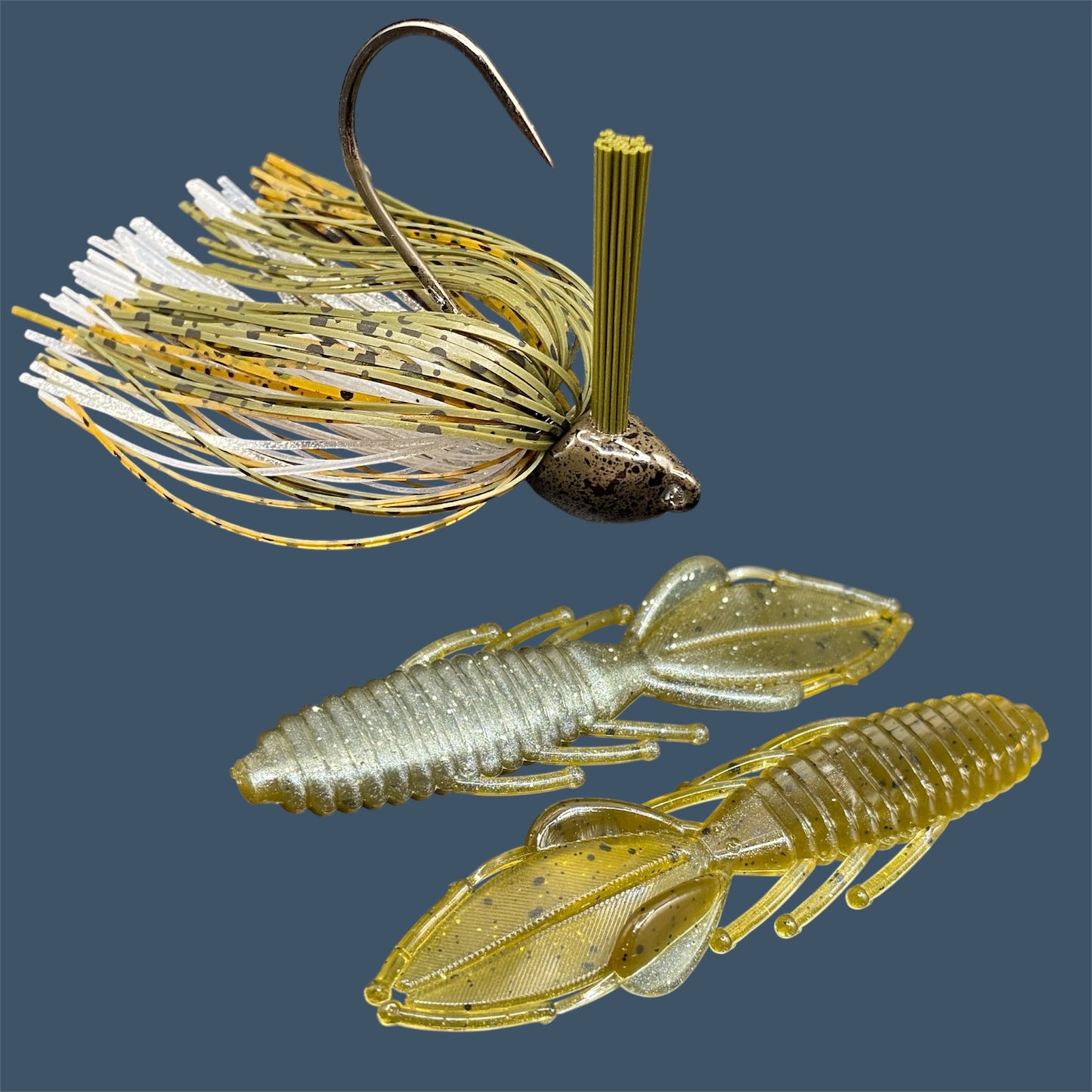 Fishing lure bundle with a high-quality jig and soft plastic bait, perfect for bass fishing with a variety of soft plastic lures. Shown here in color GP Flash (Green Pumpkin and Silver) is a hand tied green pumpkin flipping jig paired with Big League Bait Bed Wrecker (Creature style bait with pull apart appendages)