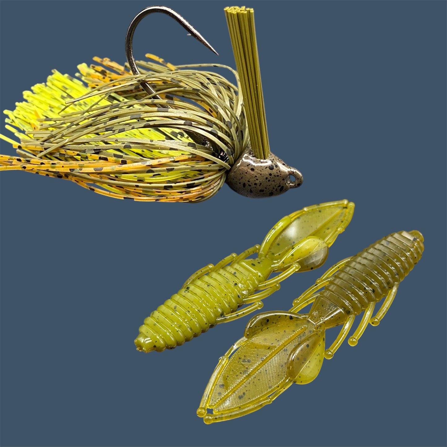 Fishing lure bundle with a high-quality jig and soft plastic bait, perfect for bass fishing with a variety of soft plastic lures. Shown here in color Ol' Skool (Green Pumpkin) is a hand tied green pumpkin flipping jig paired with Big League Bait Bed Wrecker (Creature style bait with pull apart appendages)