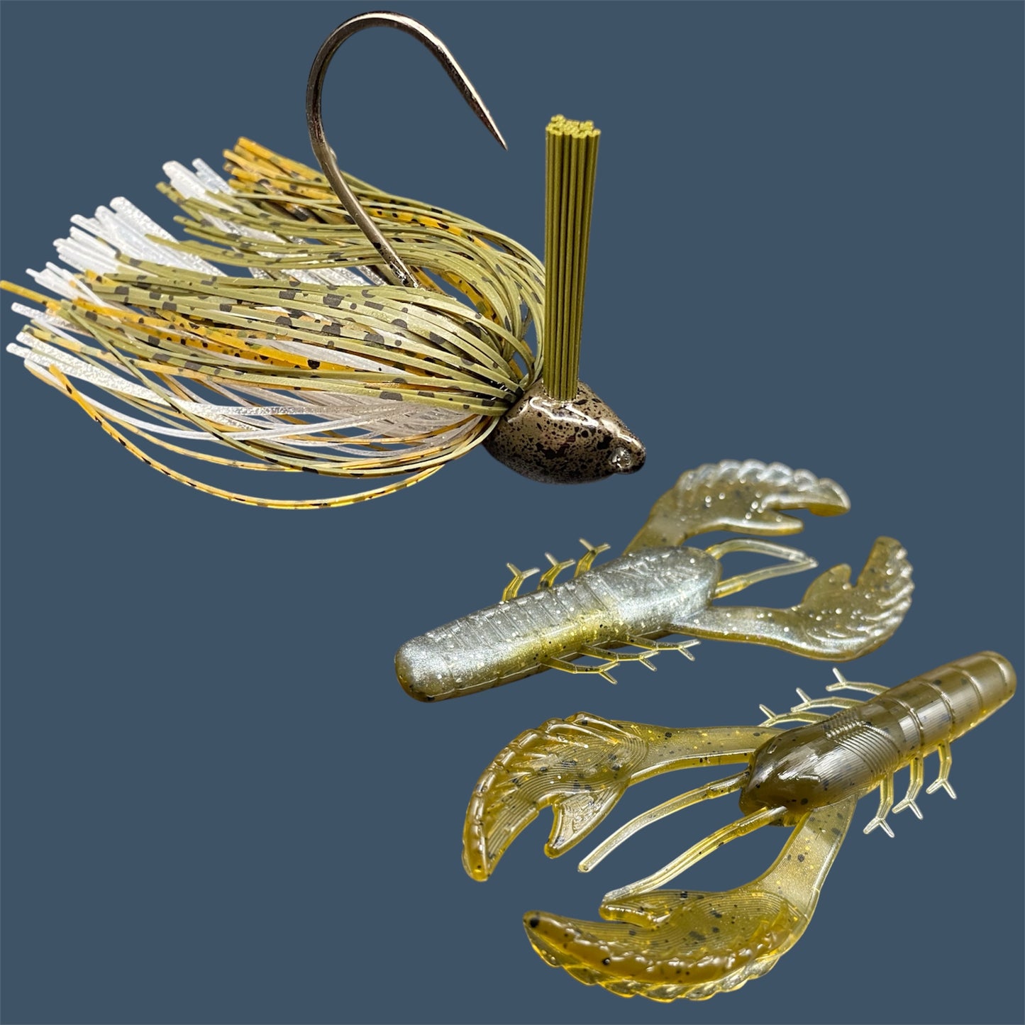 Fishing lure bundle with a high-quality jig and soft plastic bait, perfect for bass fishing with a variety of soft plastic lures. Shown here in color GP Flash (Green Pumpkin and Silver) is a hand tied green pumpkin flipping jig paired with Big League Bait Commotion Craw (Craw style soft plastic bait)