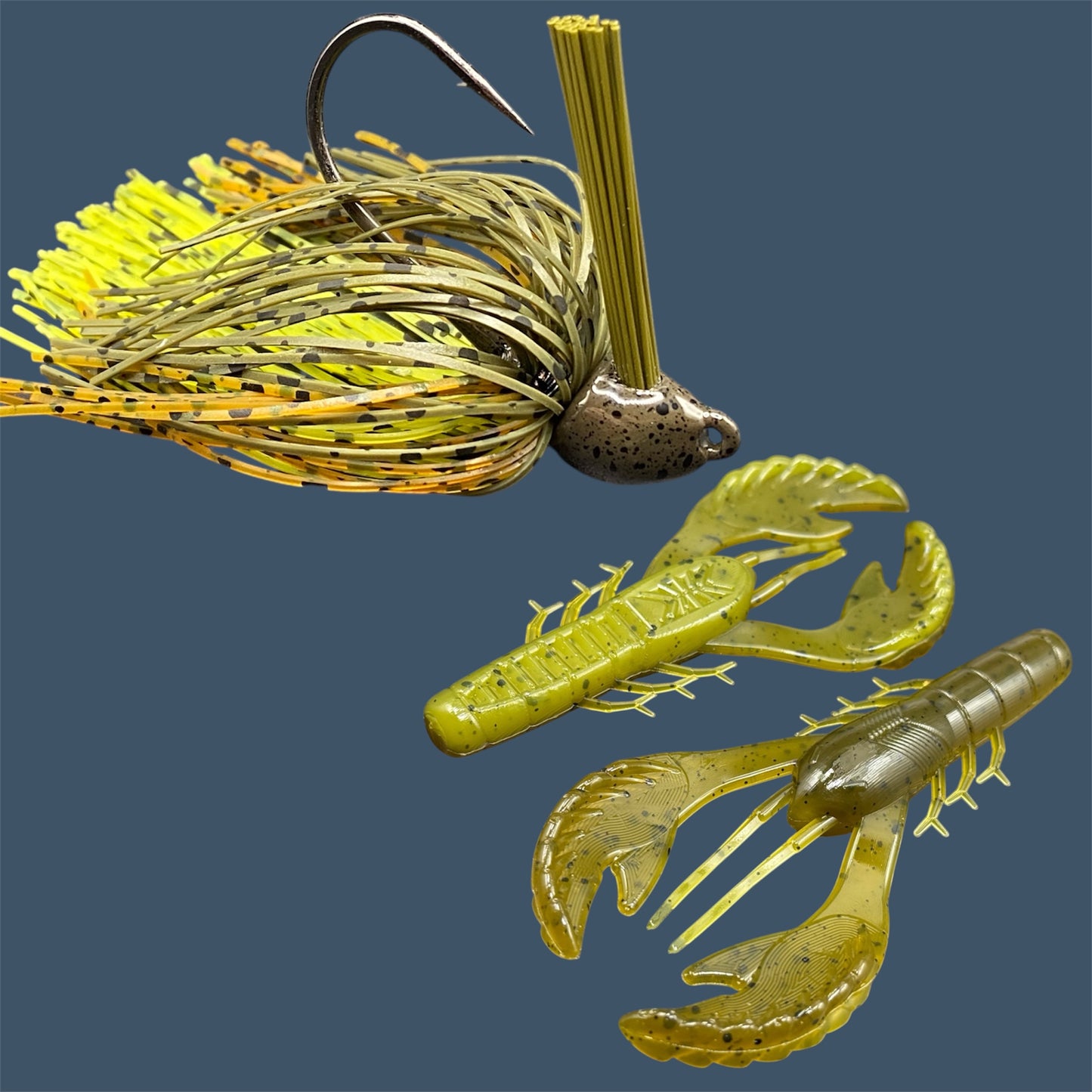 Fishing lure bundle with a high-quality jig and soft plastic bait, perfect for bass fishing with a variety of soft plastic lures. Shown here in color Ol' Skool (Green Pumpkin) is a hand tied green pumpkin flipping jig paired with Big League Bait Commotion Craw (Craw style soft plastic bait)