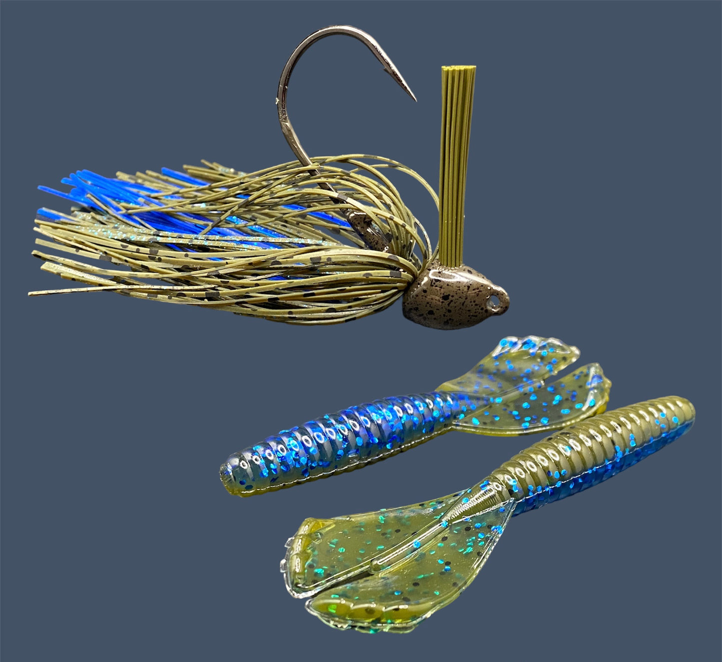 Fishing lure bundle with a high-quality jig and soft plastic bait, perfect for bass fishing with a variety of soft plastic lures. Shown here in color Big "O" (Green Pumpkin and Blue Flake) is a hand tied green pumpkin flipping jig paired with Big League Bait Grub 3.5"