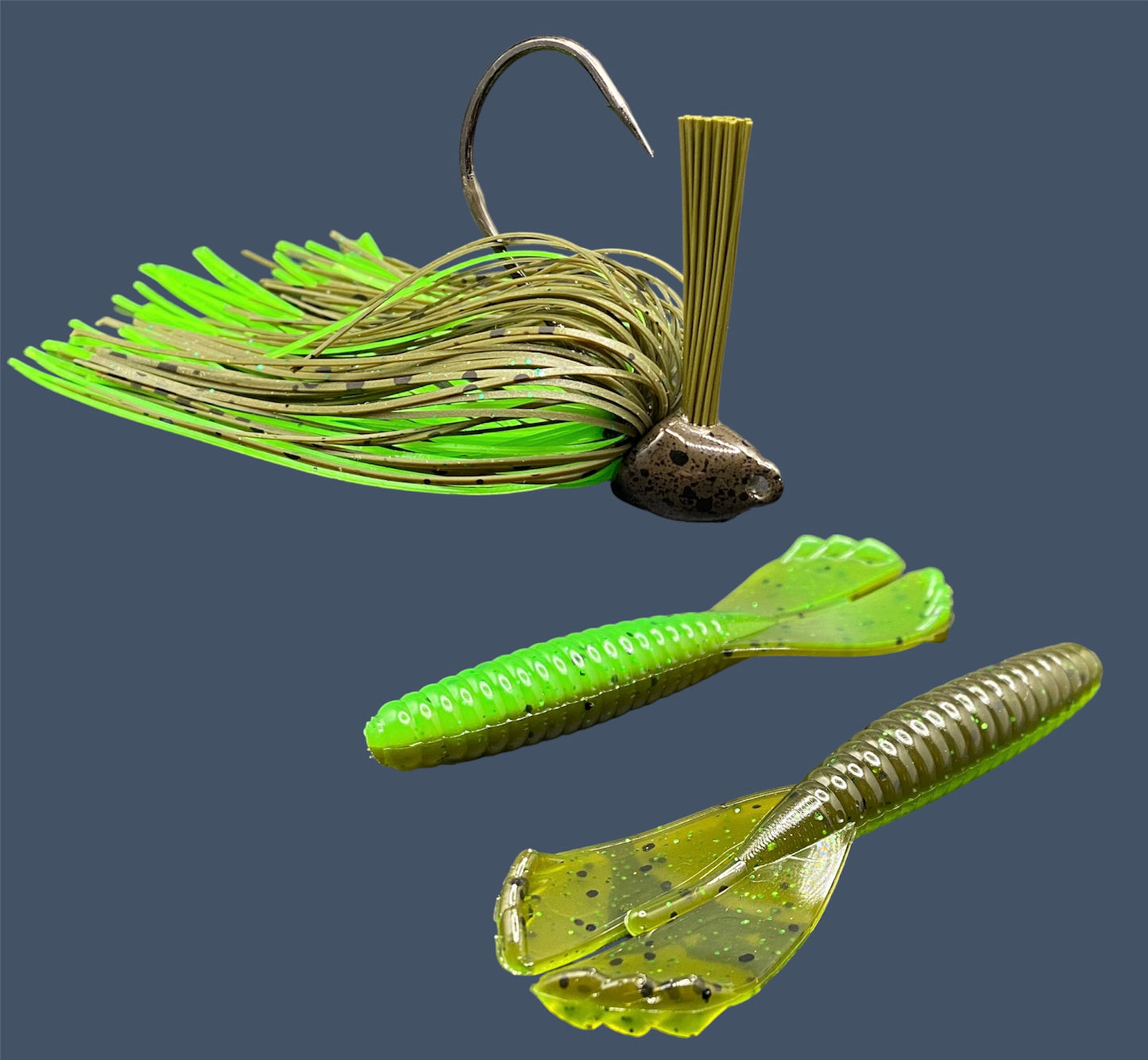 Fishing lure bundle with a high-quality jig and soft plastic bait, perfect for bass fishing with a variety of soft plastic lures. Shown here in color Envy (Green Pumpkin over Green) is a hand tied green pumpkin flipping jig paired with Big League Bait Grub 3.5"