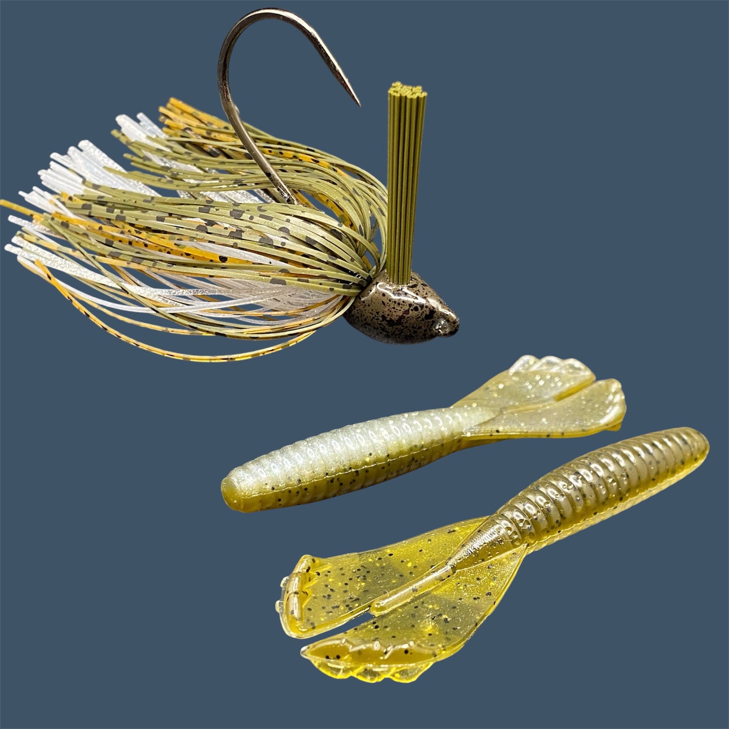 Fishing lure bundle with a high-quality jig and soft plastic bait, perfect for bass fishing with a variety of soft plastic lures. Shown here in color GP Flash (Green Pumpkin and Silver) is a hand tied green pumpkin flipping jig paired with Big League Bait Grub 3.5"