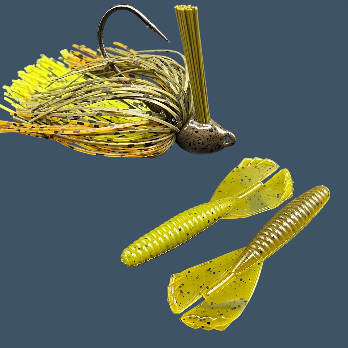 Fishing lure bundle with a high-quality jig and soft plastic bait, perfect for bass fishing with a variety of soft plastic lures. Shown here in color Ol' Skool (Green Pumpkin) is a hand tied green pumpkin flipping jig paired with Big League Bait Grub 3.5"