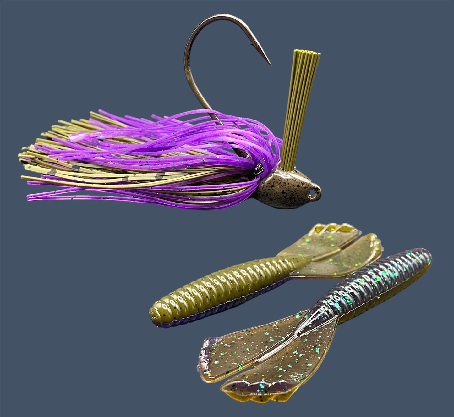 Fishing lure bundle with a high-quality jig and soft plastic bait, perfect for bass fishing with a variety of soft plastic lures. Shown here in color Swamp Juice (Purple over Green Pumpkin) is a hand tied green pumpkin flipping jig paired with Big League Bait Grub 3.5"