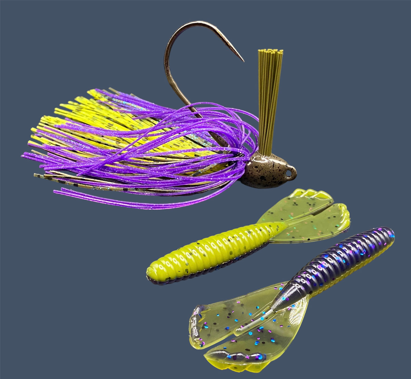 Fishing lure bundle with a high-quality jig and soft plastic bait, perfect for bass fishing with a variety of soft plastic lures. Shown here in color Luau (Purple over Banana Seed) is a hand tied green pumpkin flipping jig paired with Big League Bait Grub 3.5"