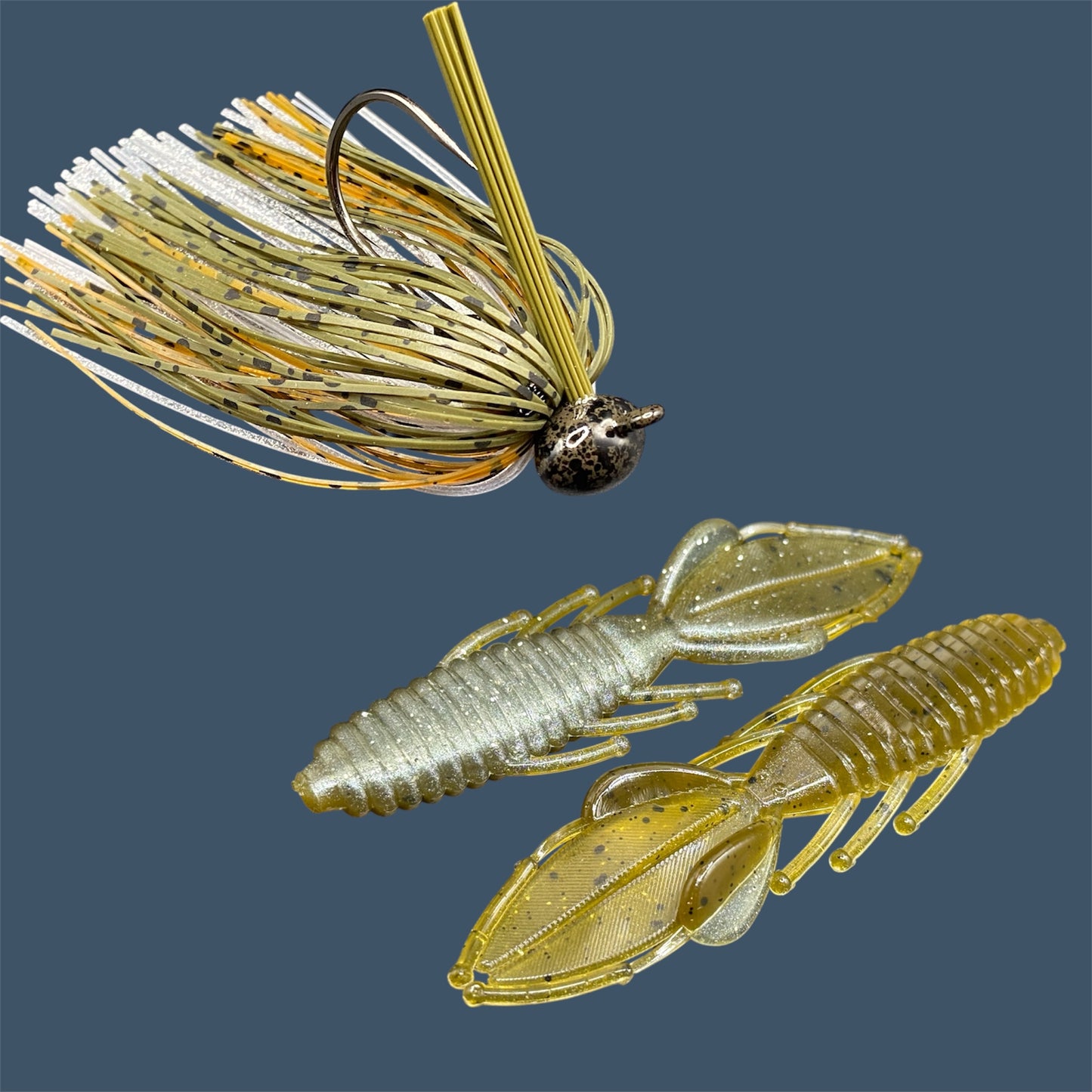 Fishing lure bundle with a high-quality jig and soft plastic bait, perfect for bass fishing with a variety of soft plastic lures. Shown here in color GP Flash (Green Pumpkin and Silver) is a hand tied green pumpkin football jig paired with Big League Bait Bed Wrecker (Creature style bait with pull apart appendages)