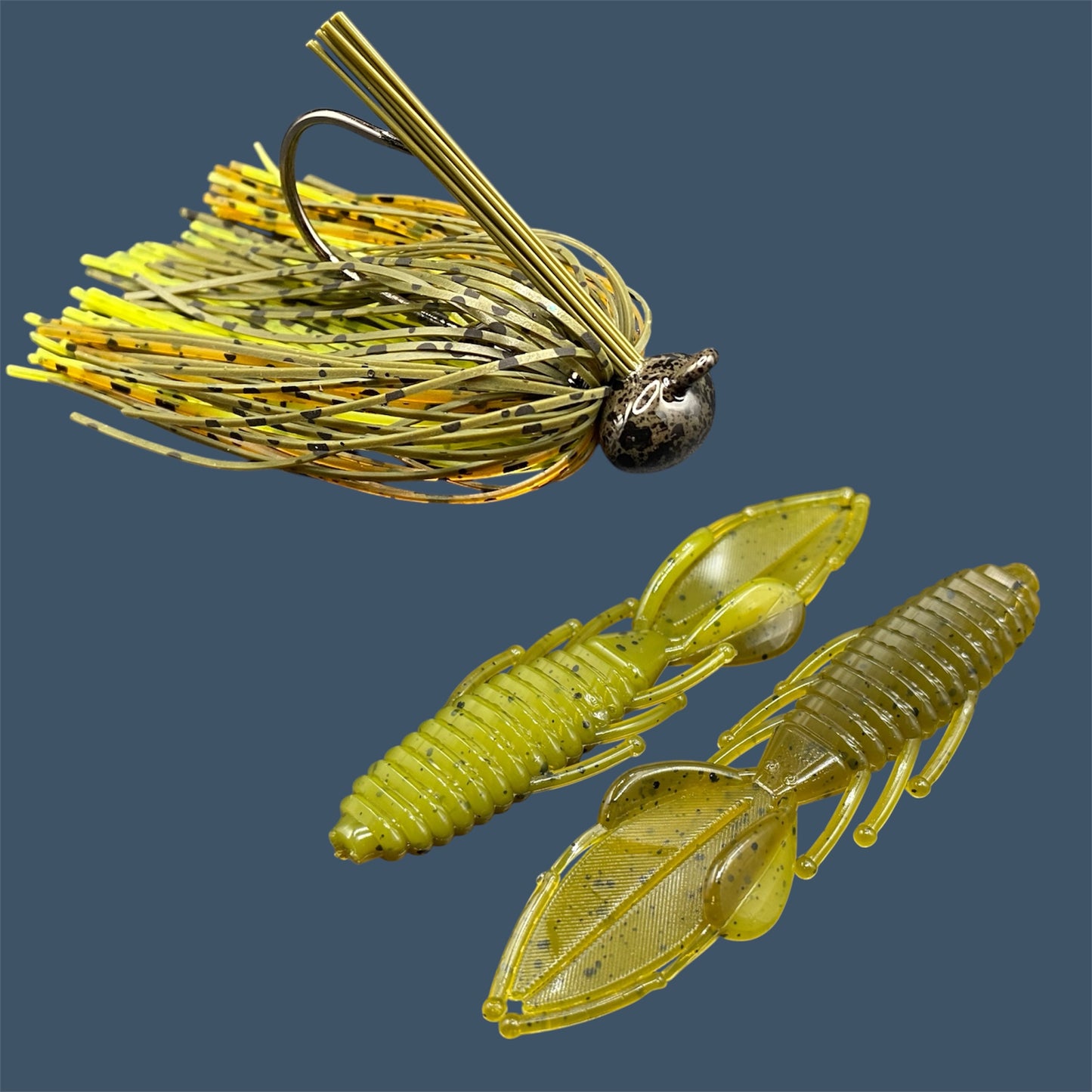 Fishing lure bundle with a high-quality jig and soft plastic bait, perfect for bass fishing with a variety of soft plastic lures. Shown here in color Ol' Skool (Green Pumpkin) is a hand tied green pumpkin football jig paired with Big League Bait Bed Wrecker (Creature style bait with pull apart appendages)