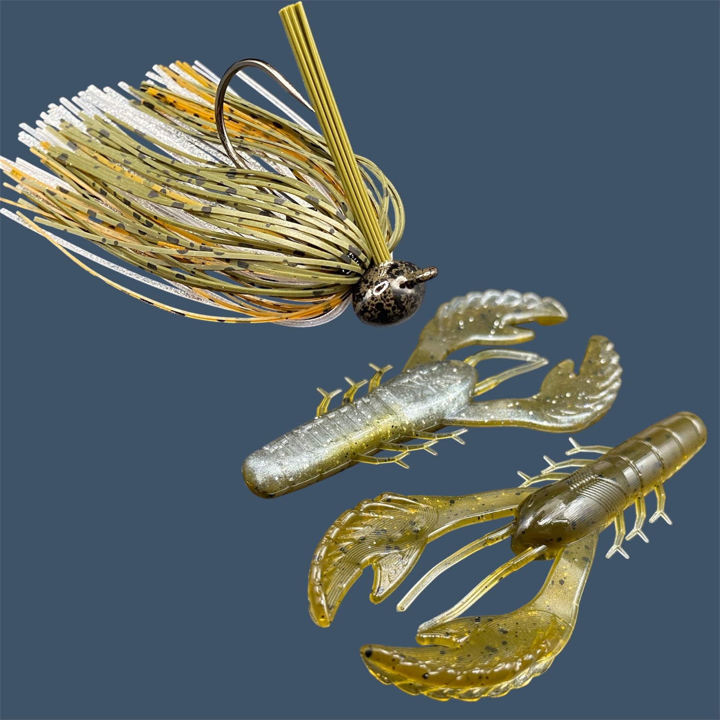 Fishing lure bundle with a high-quality jig and soft plastic bait, perfect for bass fishing with a variety of soft plastic lures. Shown here in color GP Flash (Green Pumpkin and Silver) is a hand tied green pumpkin football jig paired with Big League Bait Commotion Craw (Craw style soft plastic bait)