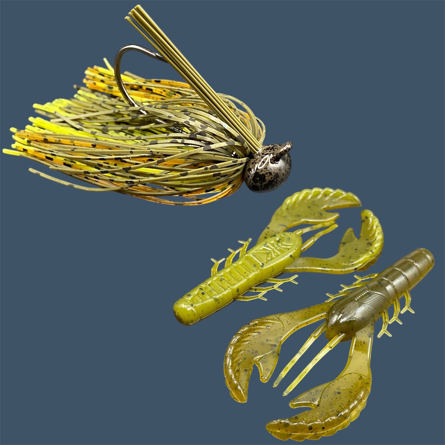 Fishing lure bundle with a high-quality jig and soft plastic bait, perfect for bass fishing with a variety of soft plastic lures. Shown here in color Ol' Skool (Green Pumpkin) is a hand tied green pumpkin football jig paired with Big League Bait Commotion Craw (Craw style soft plastic bait)