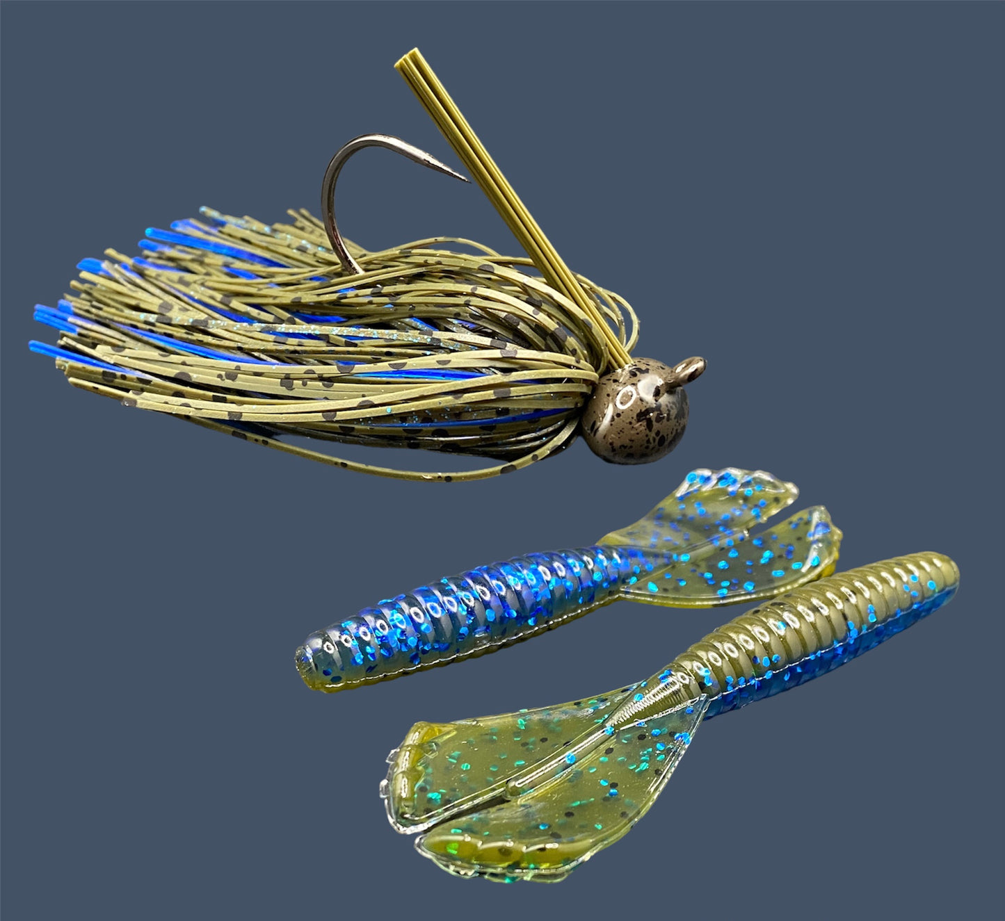 Fishing lure bundle with a high-quality jig and soft plastic bait, perfect for bass fishing with a variety of soft plastic lures. Shown here in color Big "O" (Green Pumpkin and Blue Flake) is a hand tied green pumpkin football jig paired with Big League Bait Grub 3.5"
