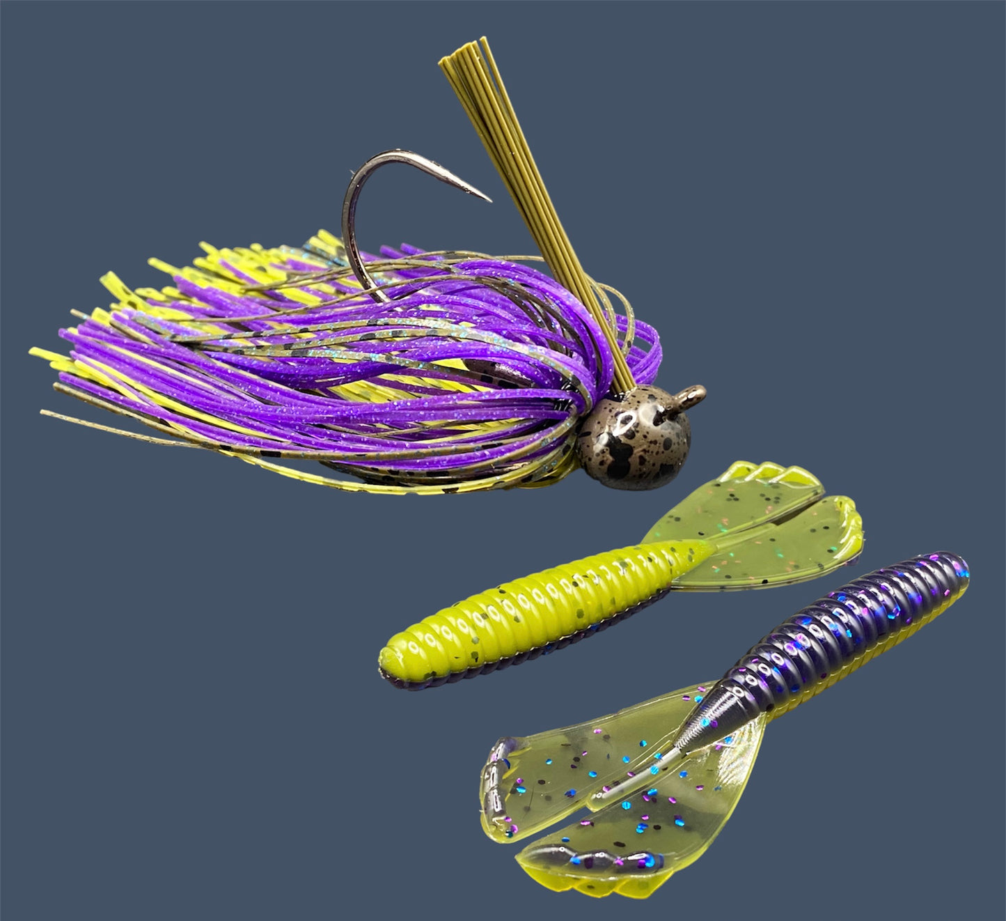 Fishing lure bundle with a high-quality jig and soft plastic bait, perfect for bass fishing with a variety of soft plastic lures. Shown here in color Luau (Purple over Banana Seed) is a hand tied green pumpkin football jig paired with Big League Bait Grub 3.5"