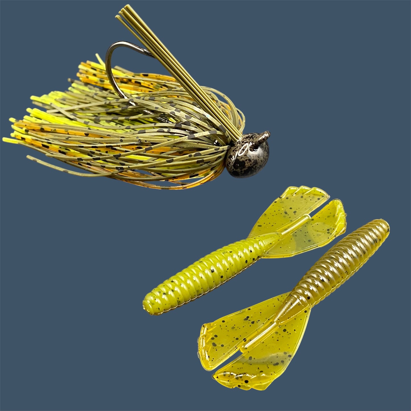 Fishing lure bundle with a high-quality jig and soft plastic bait, perfect for bass fishing with a variety of soft plastic lures. Shown here in color Ol' Skool (Green Pumpkin) is a hand tied green pumpkin football jig paired with Big League Bait Grub 3.5"
