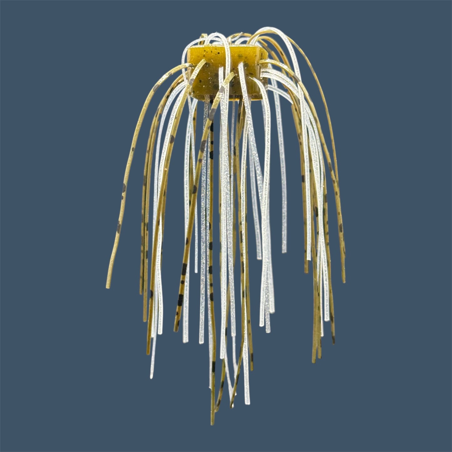 Skirted Cube Fuzzy Dice-style soft plastic bass lure, threaded with lifelike skirt material, perfect for drop shot and wacky rig finesse fishing.Shown in GP Flash