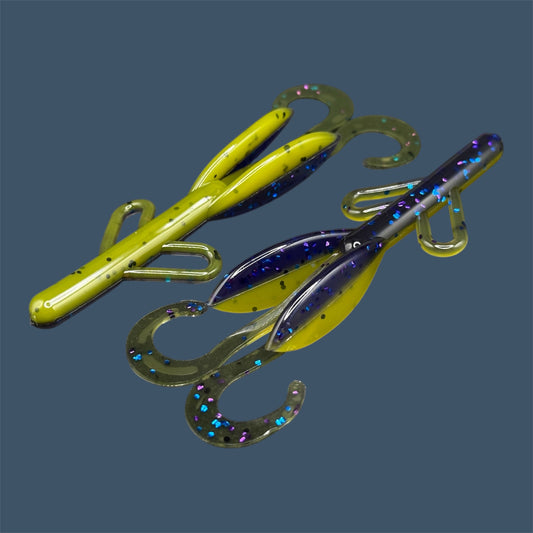 Bass Fishing Baits -Battle Hawg soft plastic brush hog style creature bait with twin curl tail in Luau. (Purple over Banana Seed).