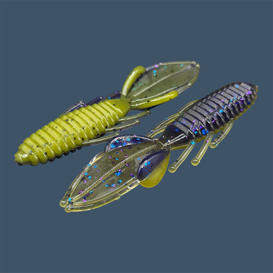 Bed Wrecker soft plastic bait with dynamic beaver-style tail, featuring a peel-apart tail and versatile appendages, Beaver style baits available in Luau (Purple over Banana Seed)