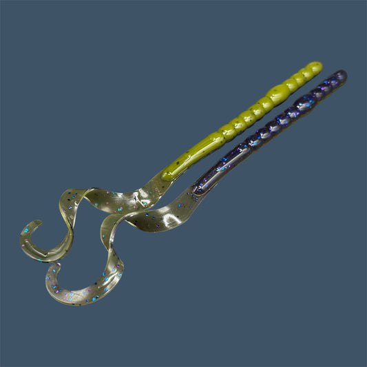 Large curly/ribbon tail worm 10" with a realistic curl tail, ideal for Texas and Carolina rigging. 10" Curl Tail Worm shown in Luau. (Purple over Banana Seed)