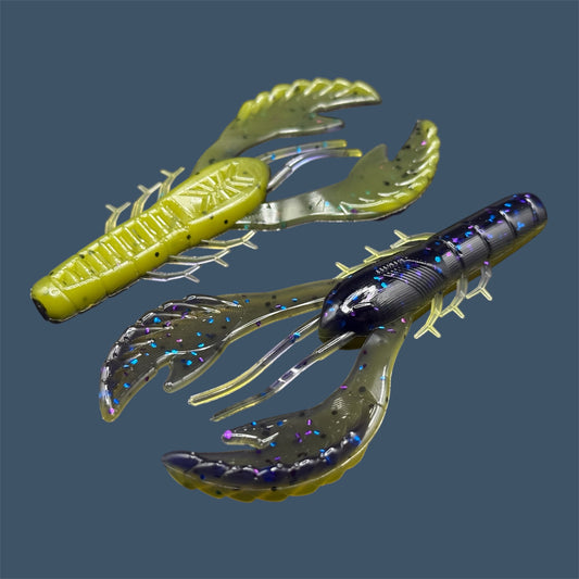 Commotion Craw craw style bait with hard-kicking claws and 4-inch frame, shown in Luau (Purple over Banana Seed)