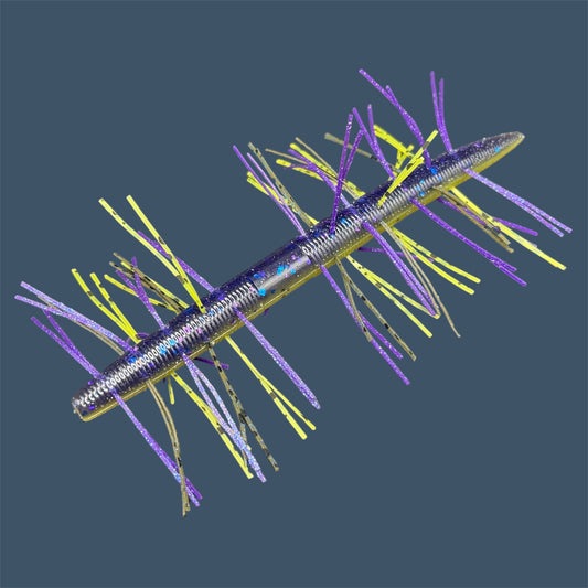 Fuzzy Boomstick Soft Plastic Bait (Stick worm style bait) with embedded skirt material for Fishing. Shown in Luau (Purple and Banana Seed) Fuzzy Soft Plastic Lure