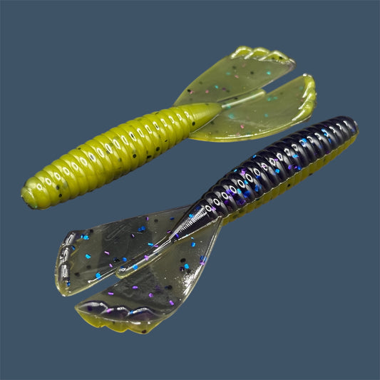 Soft plastic Grub 3.5-inch with twin-kicking tails, ideal for Texas rig, Carolina rig, and as a trailer, in Luau. (Purple over Banana Seed)