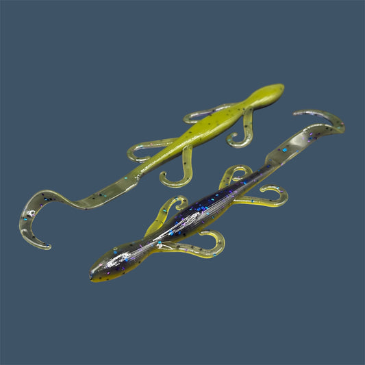 Lizard creature bait with sleek body, free-flowing appendages, and curl tail, ideal for Texas and Carolina rigs, shown in Luau a proven fish-catching color. (Purple over Banana Seed)