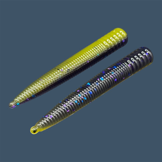 Small-profile N3D bait designed for ned rigs, shown in the color Luau, great for enticing finicky fish. (Purple over Banana Seed)