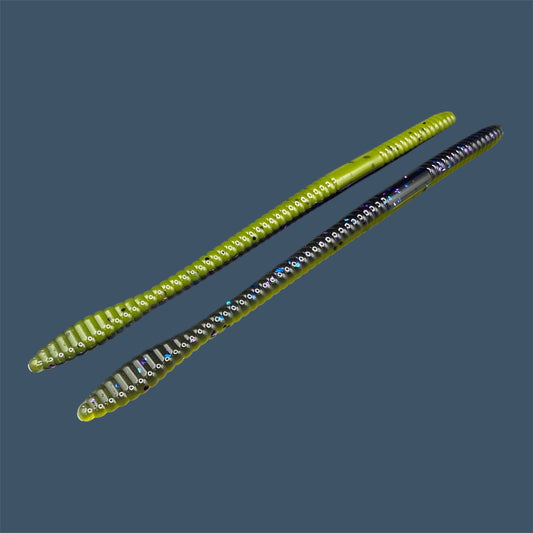 Soft Plastic Trick worm or Straight Tail Worm with flat spade-shaped tail and slender ribbed body. Spade Tail Worm shown in Luau, a proven fish-catching color. (Purple over Banana Seed)