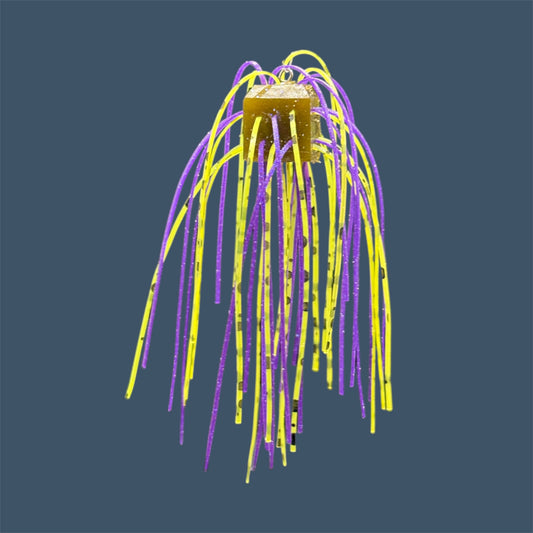 Skirted Cube Fuzzy Dice-style soft plastic bass lure, threaded with lifelike skirt material, perfect for drop shot and wacky rig finesse fishing. Shown in Luau (Purple and Yellow)