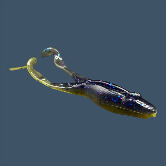 Tennessee Toad soft plastic frog bait with a weedless 4-inch robust body and long legs, designed for topwater and subsurface fishing, shown in Luau a proven fish-catching color. (Purple over Banana Seed)