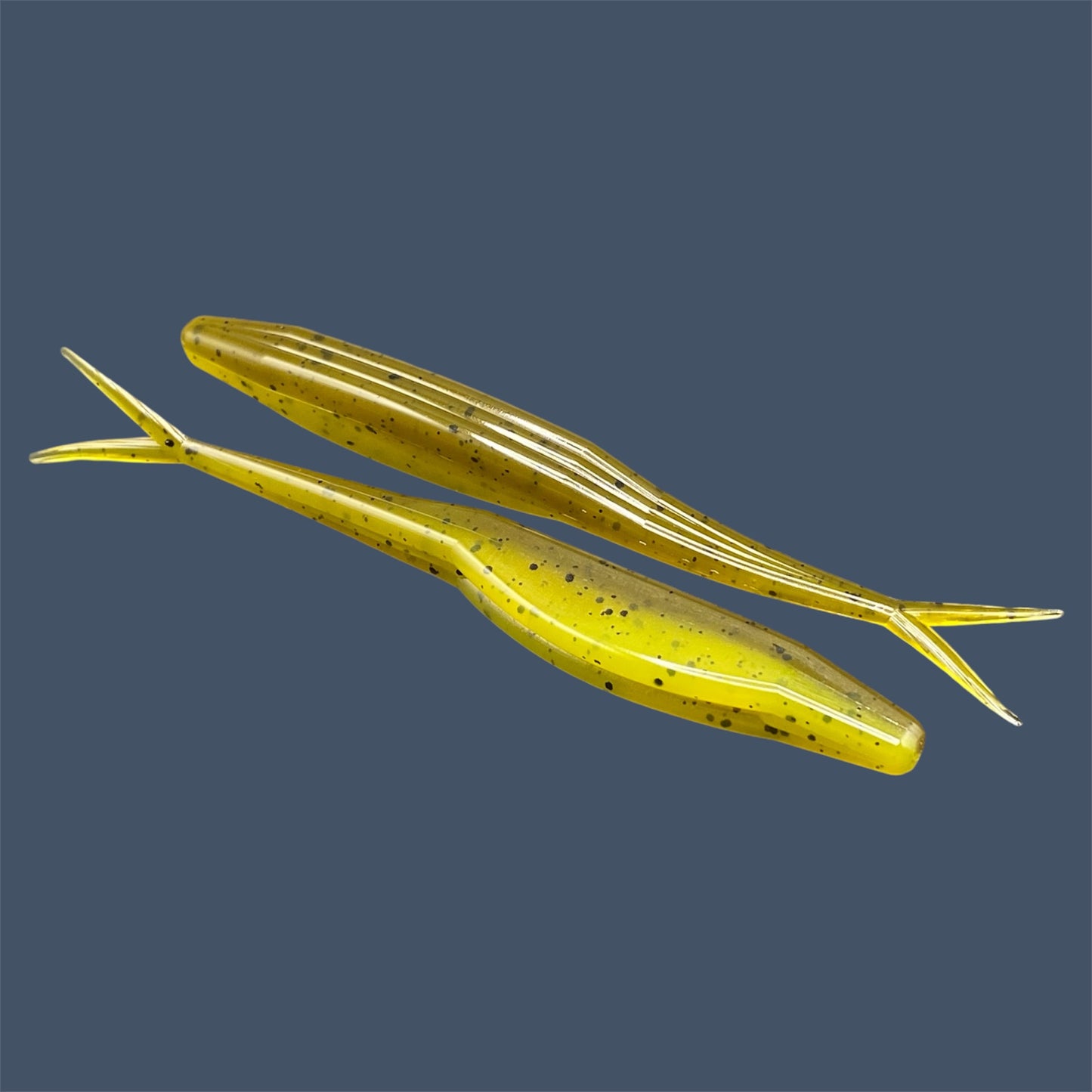 Split Tail Shad soft plastic Fluke style bait with realistic shad appearance, featuring a slotted belly for weedless rigging. Jerkbait in Ol' Skool (Green Pumpkin) a proven fish-catching color