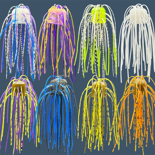 Skirted Cube Fuzzy Dice-style soft plastic bass lure, threaded with lifelike skirt material, perfect for drop shot and wacky rig finesse fishing.