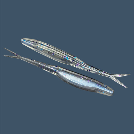 Split Tail Shad soft plastic Fluke style bait with realistic shad appearance, featuring a slotted belly for weedless rigging. Jerkbait in Smoke Show a proven fish-catching color