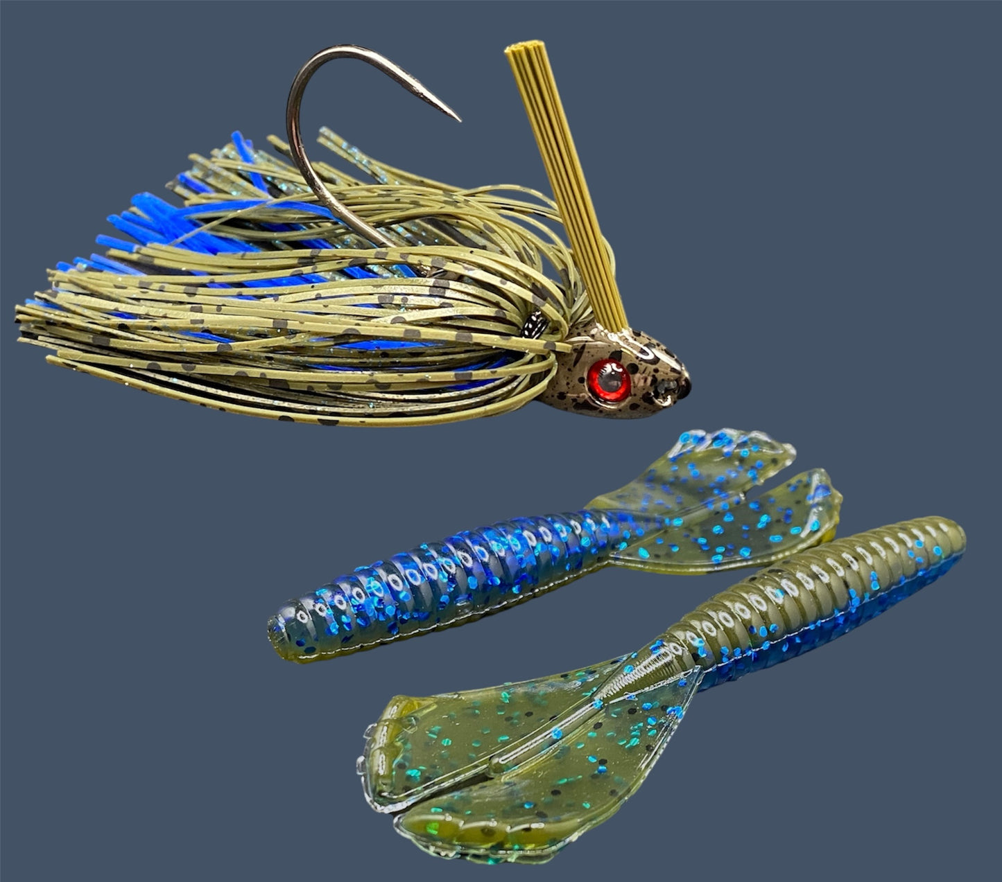 Fishing lure bundle with a high-quality jig and soft plastic bait, perfect for freshwater and saltwater fishing with a variety of soft plastic lures. Shown here in color Big "O" (Green Pumpkin and Blue Flake) is a hand tied Green Pumpkin swim jig paired with Big League Bait Grub 3.5"