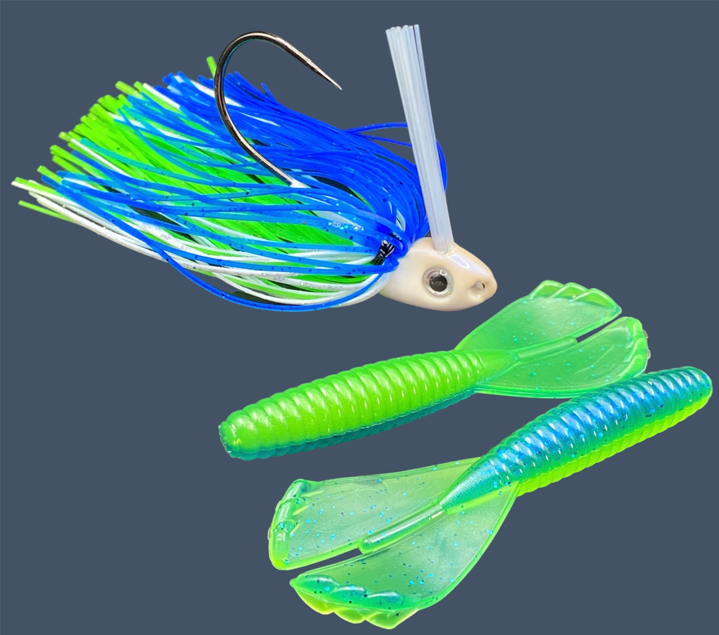 Fishing lure bundle with a high-quality jig and soft plastic bait, perfect for freshwater and saltwater fishing with a variety of soft plastic lures. Shown here in color Blue Chartreuse (Bright Blue and Green) is a hand tied white swim jig paired with Big League Bait Grub 3.5"
