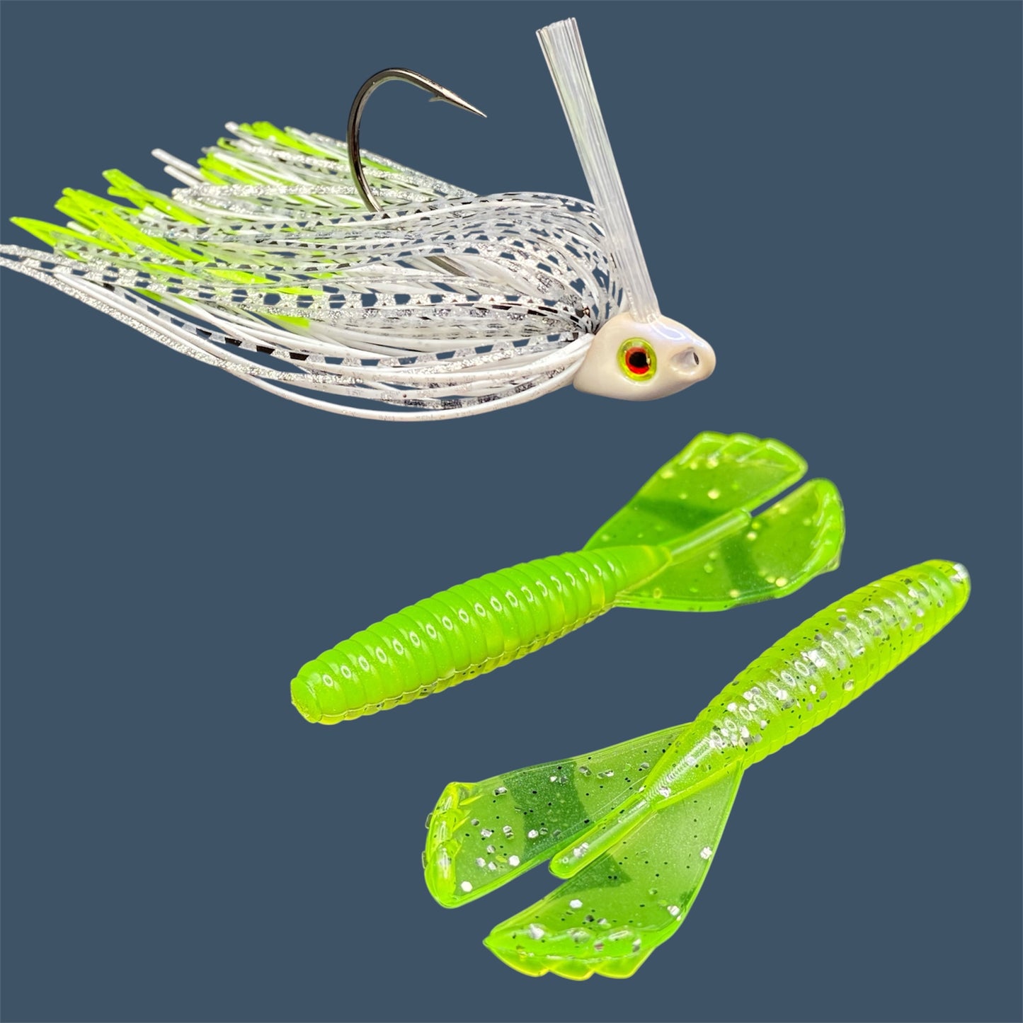 Fishing lure bundle with a high-quality jig and soft plastic bait, perfect for freshwater and saltwater fishing with a variety of soft plastic lures. Shown here in color Chartreuse Shad (White with Chartreuse) is a hand tied white swim jig paired with Big League Bait Grub 3.5"