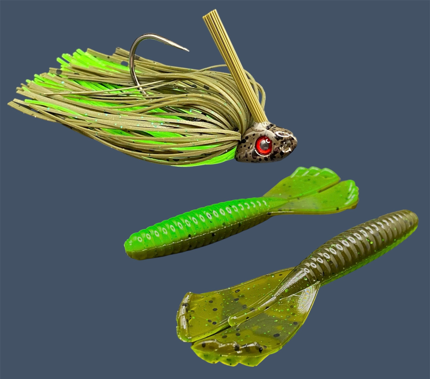 Fishing lure bundle with a high-quality jig and soft plastic bait, perfect for freshwater and saltwater fishing with a variety of soft plastic lures. Shown here in color Envy (Green Pumpkin over Green) is a hand tied Green Pumpkin swim jig paired with Big League Bait Grub 3.5"