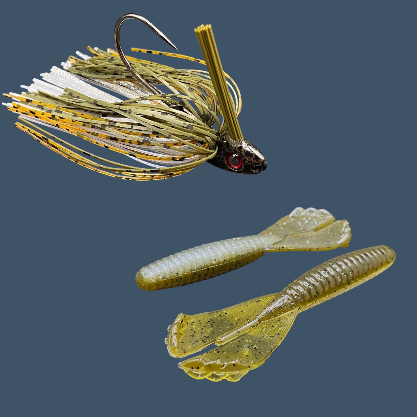 Fishing lure bundle with a high-quality jig and soft plastic bait, perfect for freshwater and saltwater fishing with a variety of soft plastic lures. Shown here in color GP Flash (Green Pumpkin and Silver) is a hand tied Green Pumpkin swim jig paired with Big League Bait Grub 3.5"