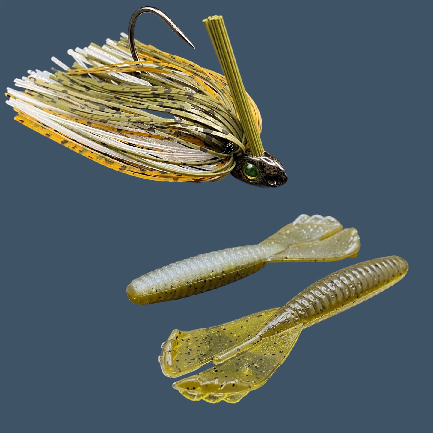 Fishing lure bundle with a high-quality jig and soft plastic bait, perfect for freshwater and saltwater fishing with a variety of soft plastic lures. Shown here in color GP Flash (Green Pumpkin and Silver) is a hand tied Green Pumpkin swim jig paired with Big League Bait Grub 3.5"