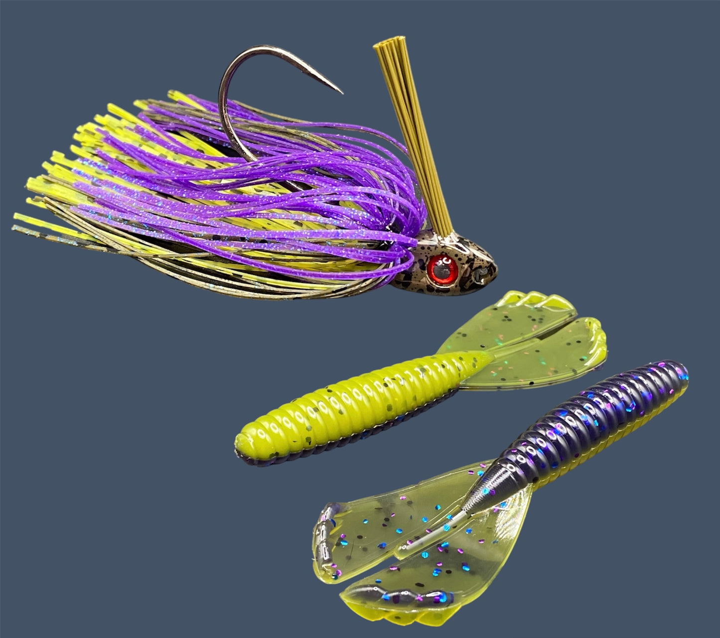 Fishing lure bundle with a high-quality jig and soft plastic bait, perfect for freshwater and saltwater fishing with a variety of soft plastic lures. Shown here in color Luau (Purple over Banana Seed) is a hand tied Green Pumpkin swim jig paired with Big League Bait Grub 3.5"