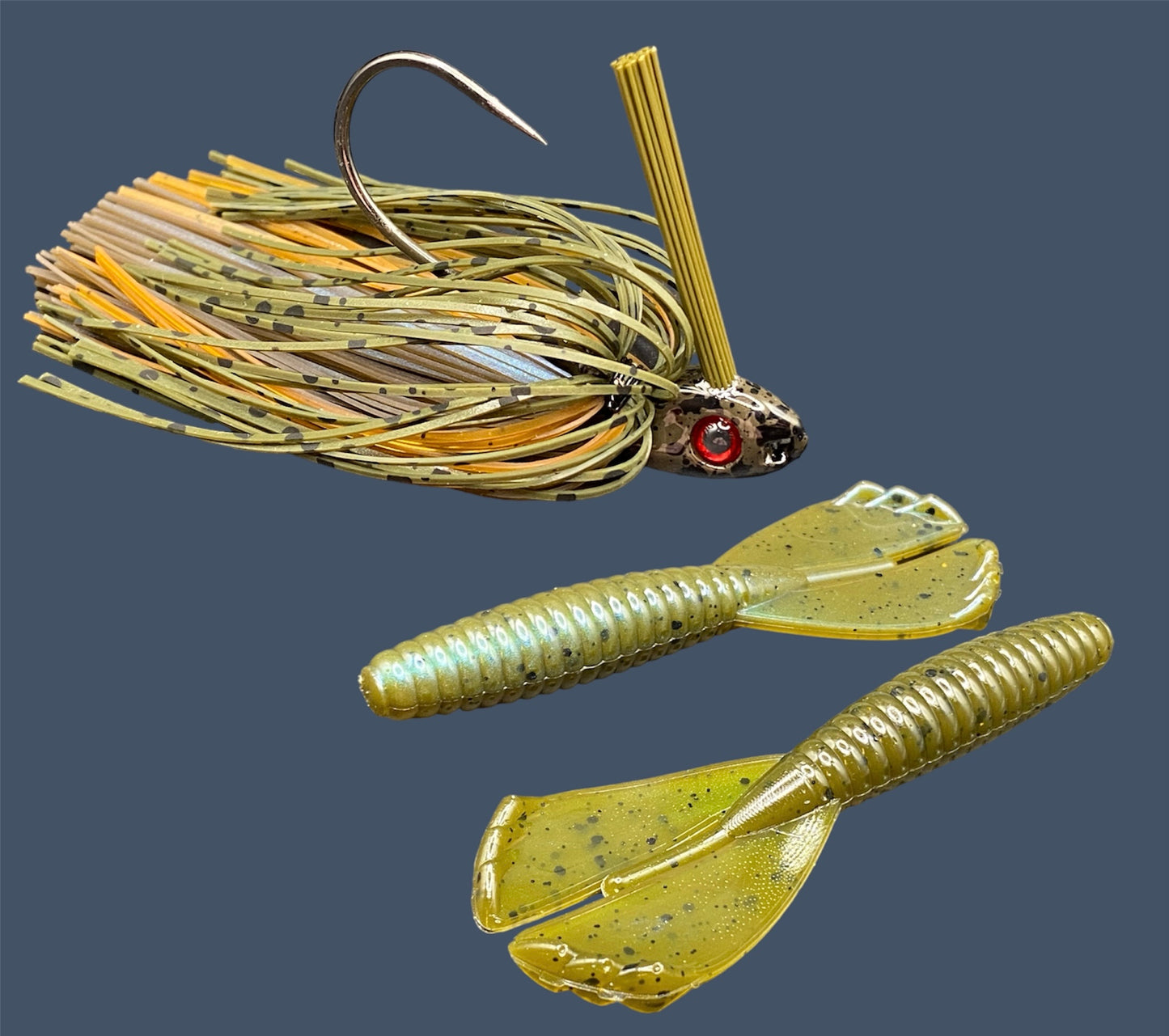 Fishing lure bundle with a high-quality jig and soft plastic bait, perfect for freshwater and saltwater fishing with a variety of soft plastic lures. Shown here in color Magic Craw (Green Pumpkin and Blue) is a hand tied Green Pumpkin swim jig paired with Big League Bait Grub 3.5"